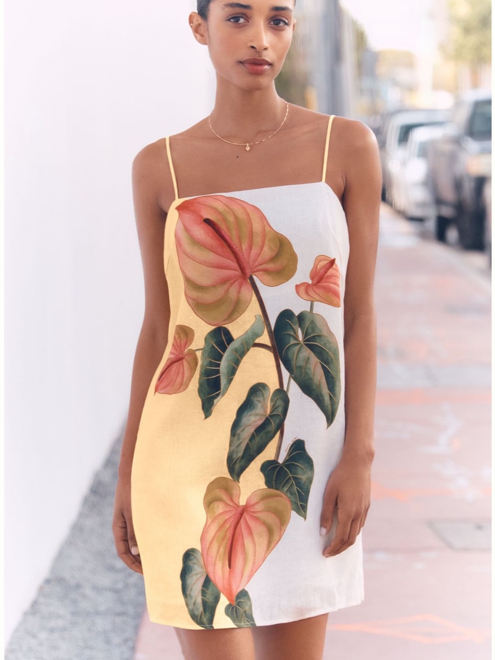 New FARM Rio Golden Yellow Anthurium Linen Mini Dress